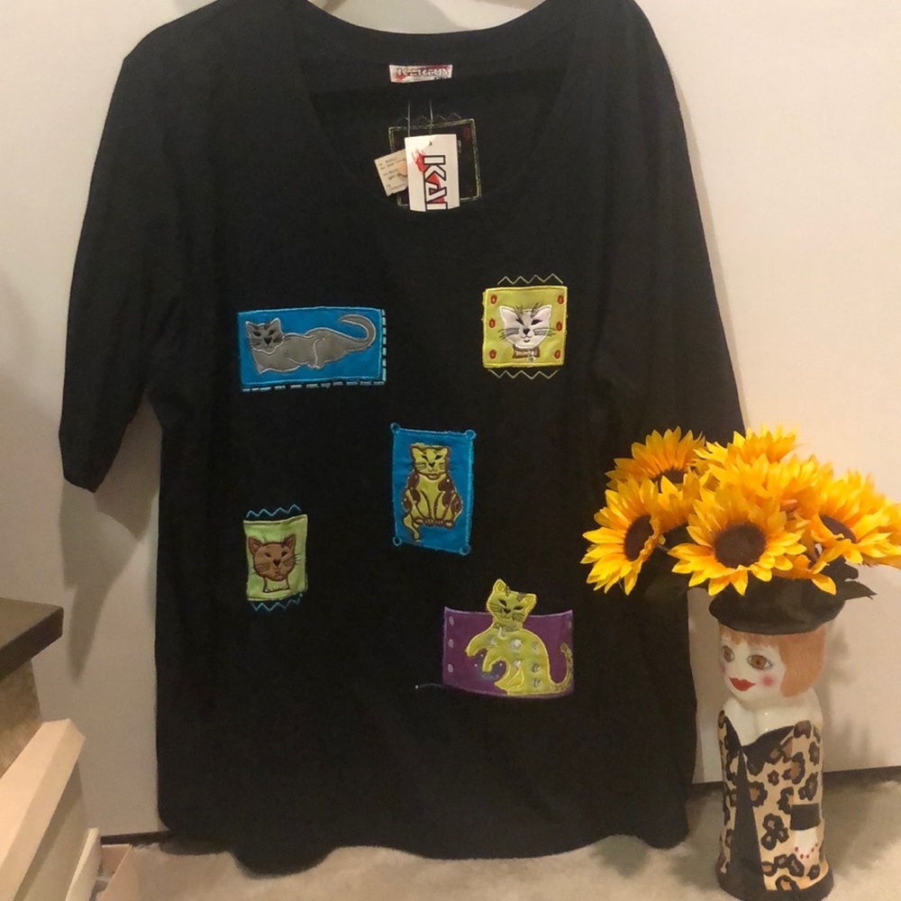 3x Black Cotton blouse with cat appliqués sparkles